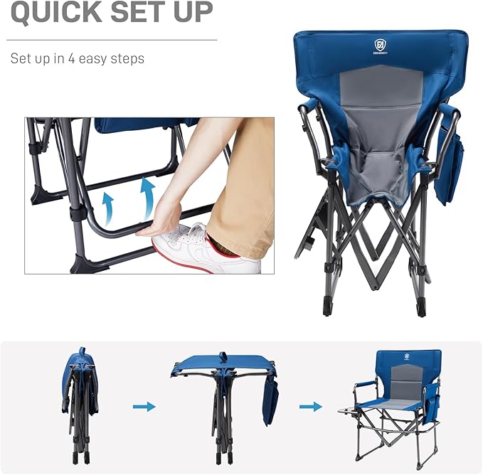 EVER ADVANCED Camping Directors' Chair with Side Table Portable Folding with Compact Size Heavy Duty Lawn Chair with Pocket for Camping Lawn Sports and Fishing 400lbs Blue