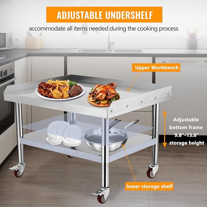 Stainless Steel 36x28x24 in Equipment Grill Stand Table 1000 LBS Top Shelf 220 LBS Bottom Shelf 2 in Edge Baffle for Hotel Home Commercial Restaurant Kitchen with Wheel