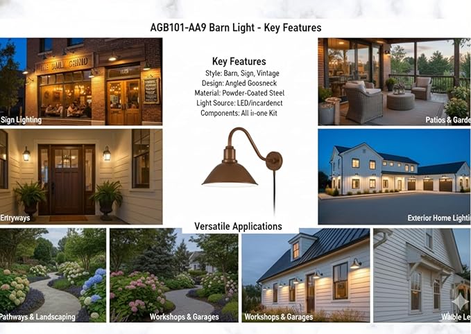 AGB101-AS20-BZ Gooseneck Barn Light - Bronze Outdoor Dome with Incandescent Downlight | Wall-Mount Fixture for Patios Gardens Pathways and Large Outdoor Living Spaces