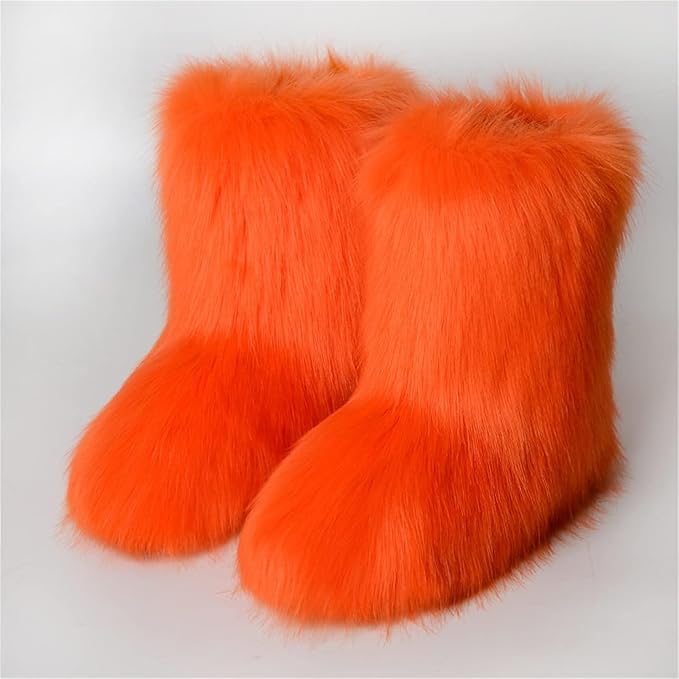 Womens Furry Faux Fur Booties Winter Warm Snow Ankle Boots Fuzzy Fluffy Furry Mid Calf Boots Outdoor Comfy Flat Shoes