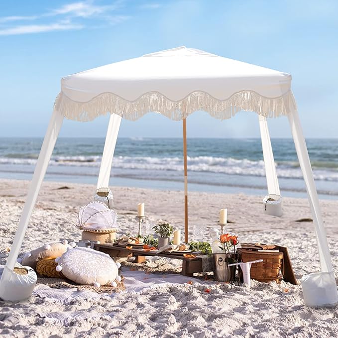 AMMSUN Beach Cabana with Fringe 6.5' x 6.5' Boho Beach Canopy with Tassels Easy Set up &amp Premium Wood Pole Cabana Tent with Sand Pockets Instant Sun Shade for Sand Garden Patio Elegant Whit