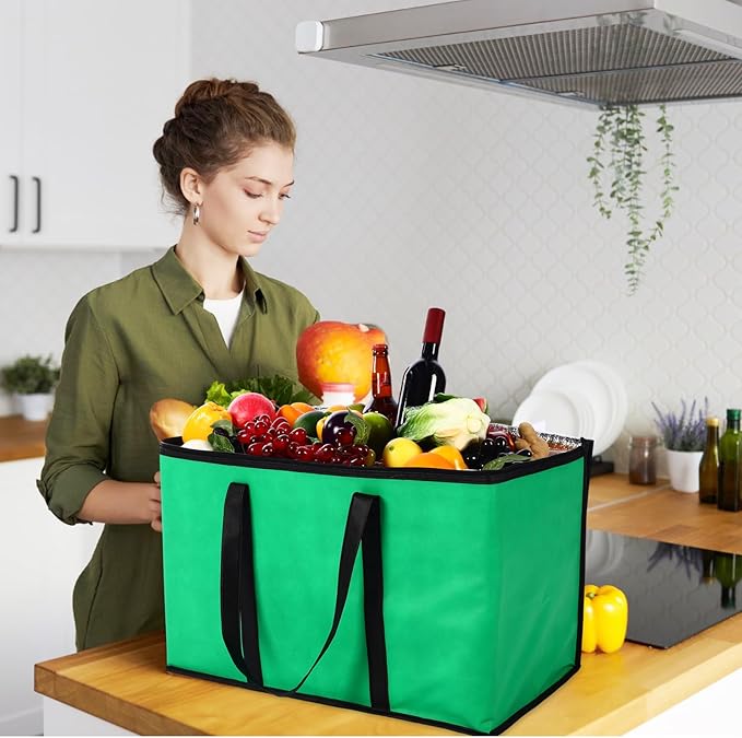 12 Pcs Large Insulated Food Delivery Bag Bulk XXXL Reusable Grocery Bags Foldable Catering Insulated Cooler Bag with Sturdy Handles for Takeout Shopping Camping Warmer/frozen(Green)