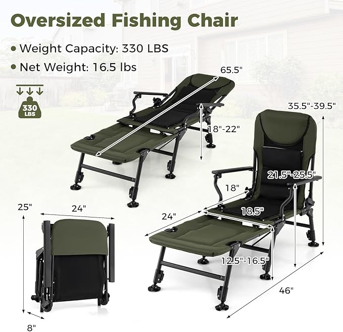 Goplus Oversized Foldable Fishing Chair for Adults Heavy Duty All-Terrain Camping Chair with Detachable Footrest Padded High-Back Armrest Adjustable Feet Portable Recliner for Outdoor Patio Beach