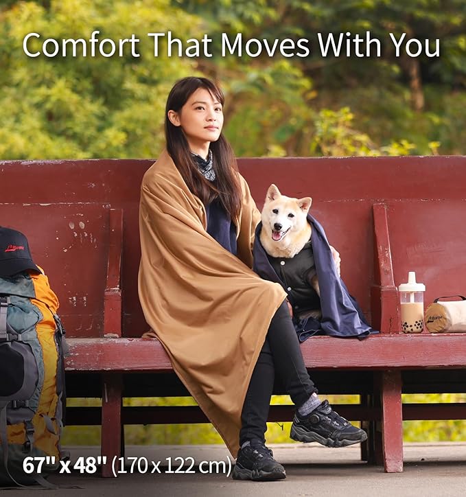 Litume Travel Blanket Lightweight and Breathable 67 x 48 in Soft Airplane Flight Blanket for Travelers Foldable Camping Sheet with Stuff Sack for Train Camp backapcking office home(Creamy Brown)
