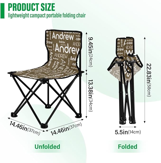 Sinestour Brown Custom Folding Camping Chair for Teen Child Personalized Name 14.6×14.6in Portable Outdoor Chair with Carry Bag for Outside Picnic Lawn