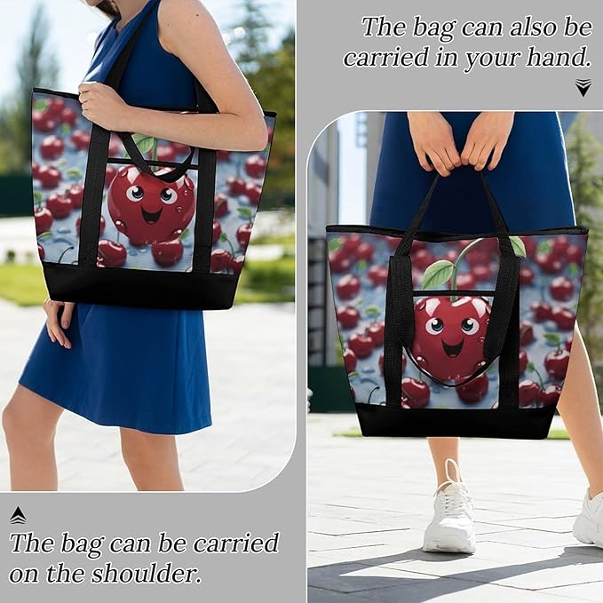 Insulated Shopping BagLarge Reusable Cooler Bags Cartoon Cherry Printed Foldable Shopping BagTravel Waterproof Shoulder Bag