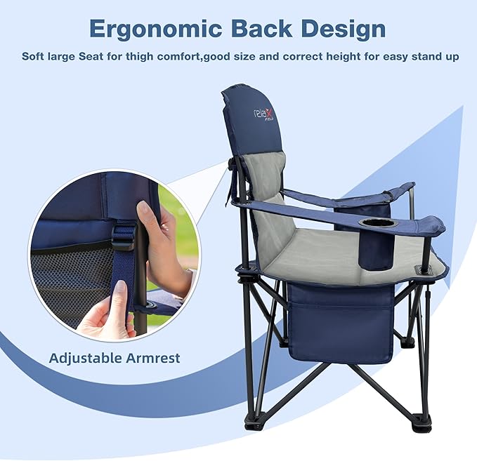 2 Pack Oversized Folding Camping Chair Heavy Duty Support 500LBS Outdoor Chair with Cup Holder Storage and Cooler Pouch Collapsible Padded Arm Chair for Sports Garden Beach Fishing Blue
