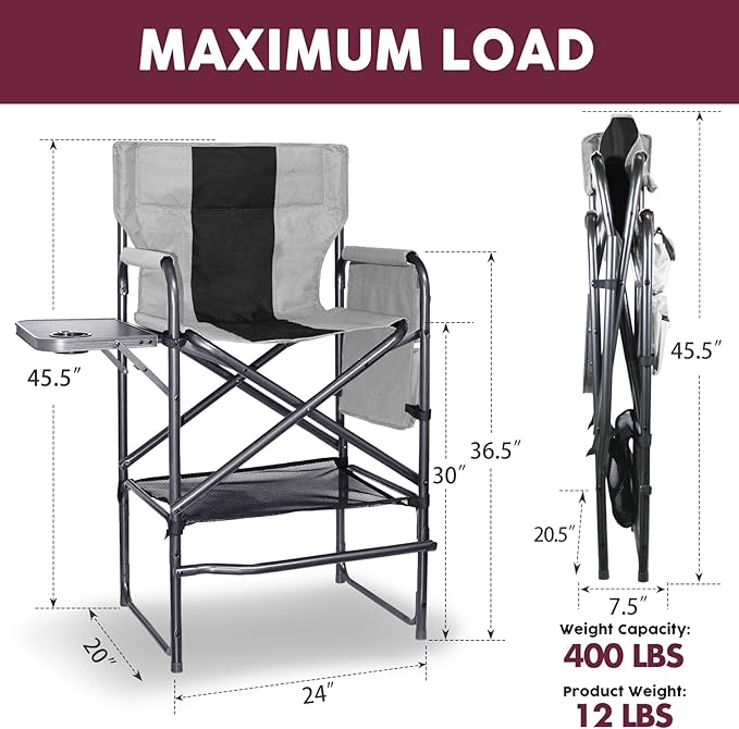 30 Tall Directors Chair with Side Table 400LBS Bar Height Folding Camping Chair (Light Gray/Black)
