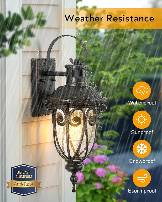 VIANIS Outdoor Motion Sensor Light Dusk to Dawn Outdoor Light Fixtures 2 Pack Outside Lights for House Anti-Rust Bronze Outdoor Wall Lights for House Garage Entryway Seed Glass Vintage Style