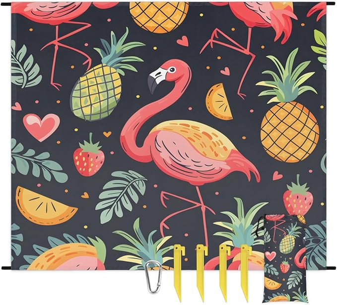 Waterproof Sandproof Beach Blanket 59''×68'' Flamingos Polyester Outdoor Picnic Blanket with 4 Stakes &amp Storage Bag for BeachCampingVacation Pineapple