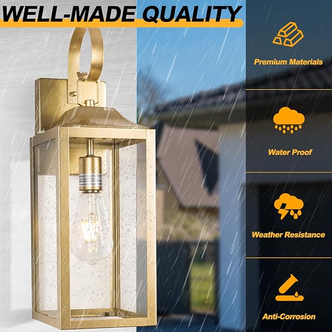 Large Outdoor Wall Lantern 19 Gold Outside Farmhouse Wall Sconce Light Fixture Industrial Wall Mount Light with Glass Waterproof Modern Porch Lighting Exterior Lamp for House Garage