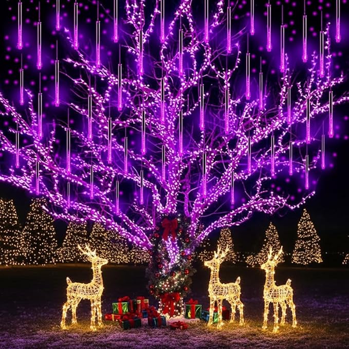 Christmas Decoration Outdoors - 32 Tubes Meteor Shower Lights Waterproof Falling Rain Lights for Halloween Decor Xmas Tree Garden Yard Wedding Party Purple