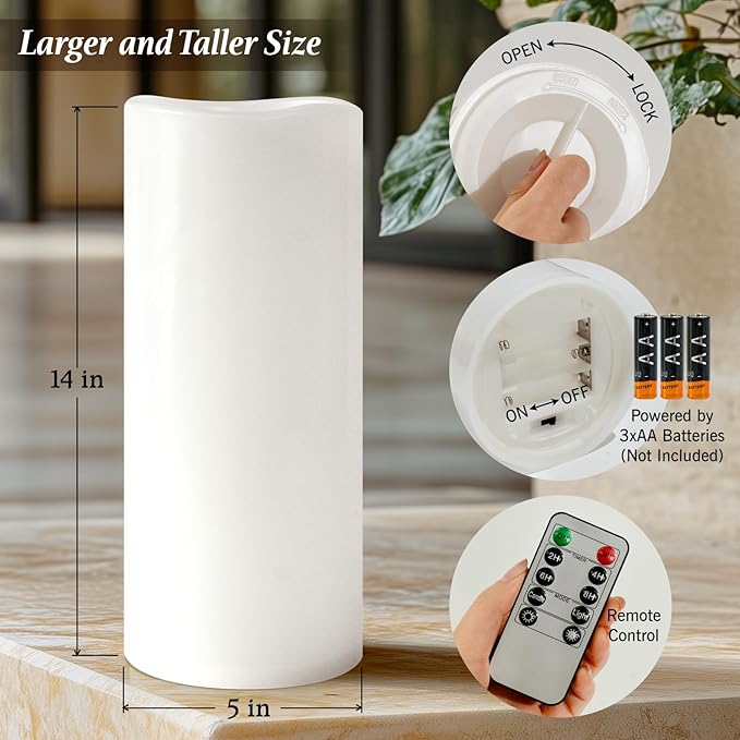 5 x 14 White Large Waterproof Outdoor Flameless Candles Battery Operated LED Flickering Pillar Candles with Remote and Timer for Indoor Outdoor Lanterns Long Lasting Set of 2