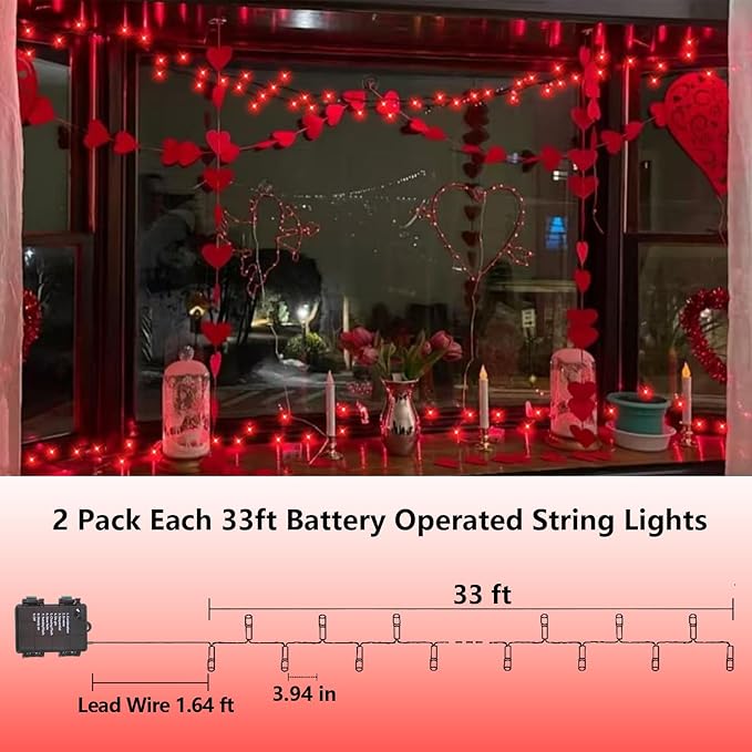 YEGUO Valentine’s Day String Lights Battery Operated 2 Pack Each 33ft 100 LED Red Christmas Lights Outdoor Waterproof Green Wire Fairy Light Indoor with Remote