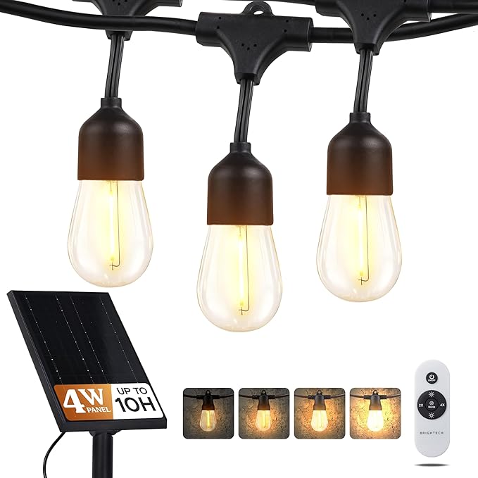 Brightech Ambience Pro Super Bright Solar - 27Ft Remote Control Outdoor String Lights Shatterproof S14 Edison Bulbs Commercial Grade LED Waterproof Patio Lights for Deck 4W Soft White 12 Bulbs