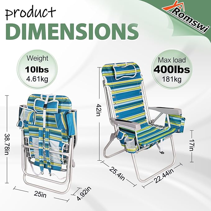 Romswi Tall Beach Chair for Adults 17 High Seat Backpack Beach Chair with Cooler Bag Cup &amp Phone Holder 5-Position High Back Reclining Chair with Towel Bar &amp Zipper Pocket Blue Stripes