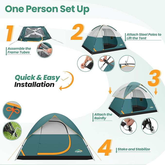 COBIZI Camping Tent 4 Person Easy Setup Waterproof Windproof Backpacking Tent with Removable Rainfly Lightweight Portable Outdoor Family Tents for Camping Travel Fishing Hiking Scouts (Green)