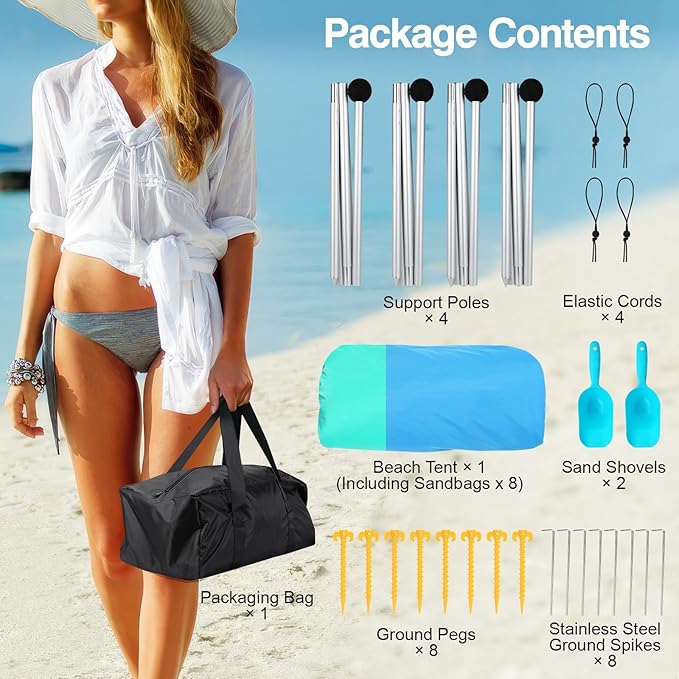 Rhino Valley Beach Tent Shade Canopy UPF50+ Protection 8 Sandbags 4 Stability Poles Outdoor Sun Shelter Umbrella for Sand Camping Fishing Essentials