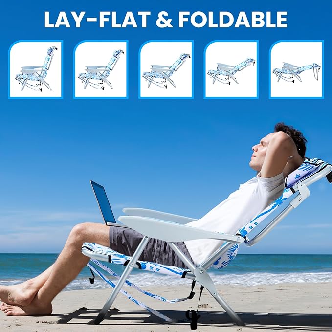 2 Pack Lightweight Portable Camping Beach Chair for Adults Outdoor Lay Flat Folding Beach Chairs with 5 Positions Backpack Beach Chair with Towe Zipper Pouch Cup Holder Blue Coconut Tree