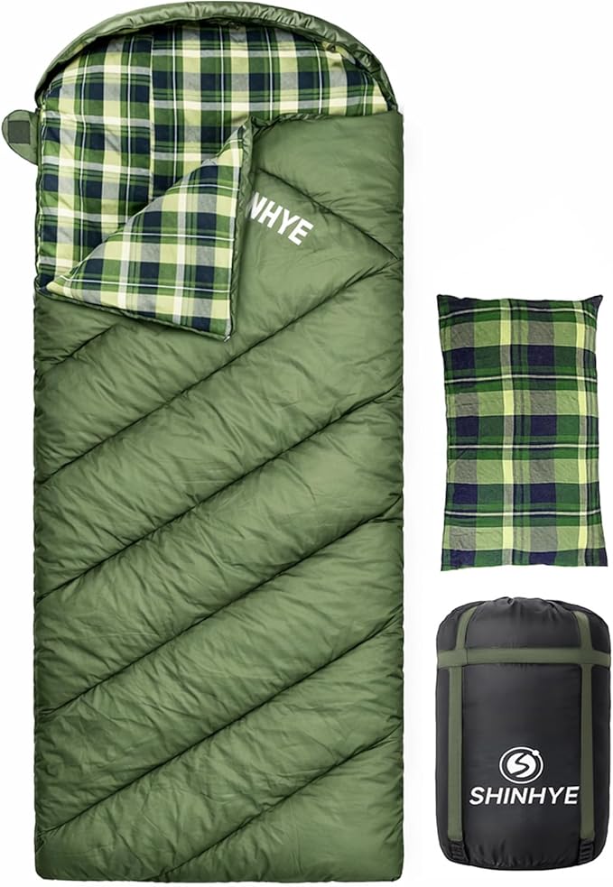 ShinHye 0 Degree Sleeping Bag for Adults - Cotton Flannel 4 Season Cold Weather Winter XXL Big and Tall Camping Sleeping Bag with Compression Sack