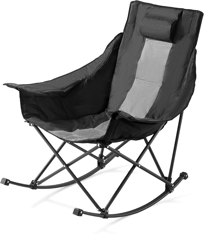 VEVOR Rocking Camping Chair Portable Folding Rocker Heavy-Duty Lawn Chair Recliner with Cupholder &amp Pocket Supports 225lbs Fully Padded Camp Chairs for Outdoor Patio Backyard Porch Garden