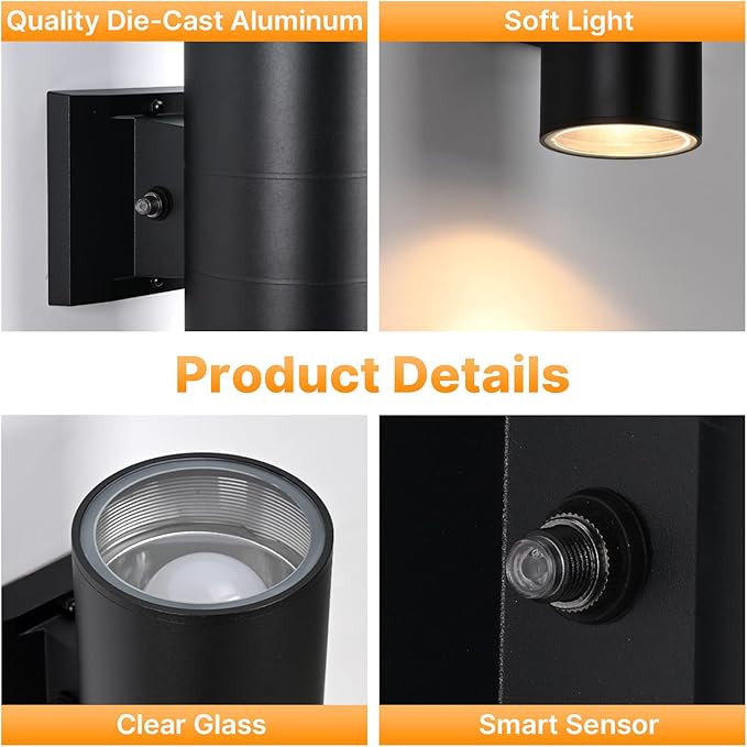 Dusk to Dawn Porch Light 1 Pack Modern Outdoor Wall Lights with Bulbs Cylinder Black Outdoor Light Fixture Wall Mount Up and Down Lighting Wall Sconce for House Porch Door