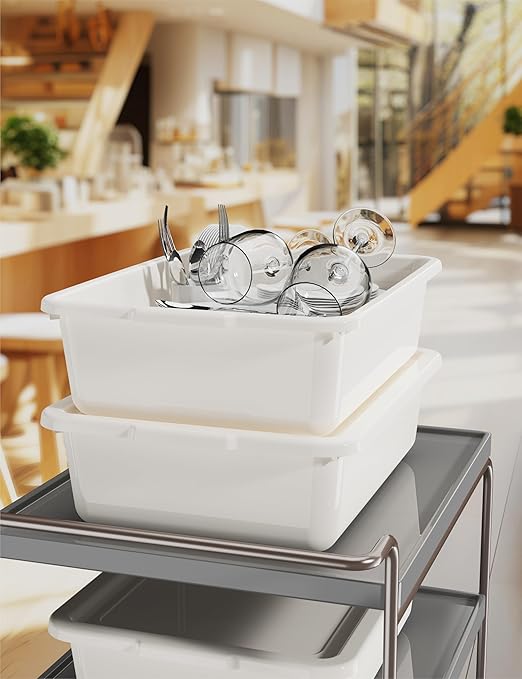 White 13 L Commercial Bus Tubs/Tote Box with Lid 3-Pack Plastic Storage Wash Basin Tub