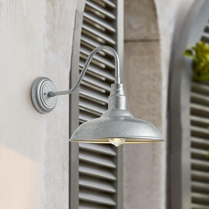 14 Inch Barn Farmhouse Outdoor Light Fixture 2 Pack Exterior Gooseneck Lights with Galvanized Steel Finish Outside Wall Sconce with Wall Mount for House Porch Patio