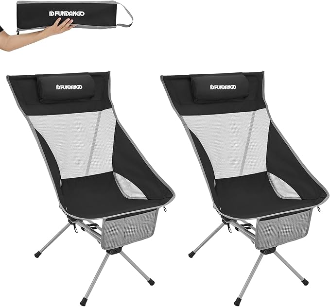 FUNDANGO High Back Camping Chair 2 Pack Portable Folding Camp Chair for Adults with Headrest for BBQ Outdoor Lawn Hiking Fishing Picnicl (Black)