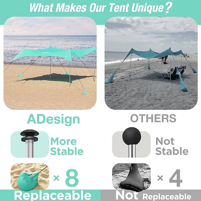 ADesign Windproof Beach Tent Sun Shelter with 8 Sandbags Wind Resistant Large Family Beach Canopy with Sand Shovel UPF50+ 6.5 FT Tall Easy Setup Sun Shade for Beach Vacation