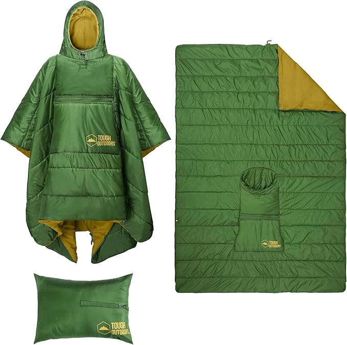 Tough Outdoors 5 in 1 Camping Poncho - Packable Blanket - Wearable Sleeping Bag Adult - Sleeping Bag Poncho - Waterproof
