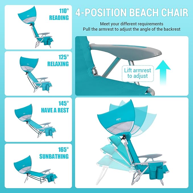 #WEJOY Beach Chair with Canopy Shade Reclining Adjustable 4 Position Lay Flat Lightweight Folding Portable Aluminum Chair with Backpack StrapsPadded headrest Heavy Duty 400lbs Lawn Chair for Beach