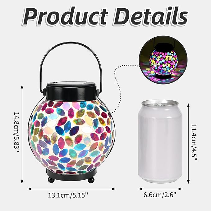 Lyeasw Mosaic Lights Solar Outdoor Hanging Lanterns Waterproof Lights Outdoor Decor for Patio Yard Garden Porch Birthday Gifts for Women Mom Grandma