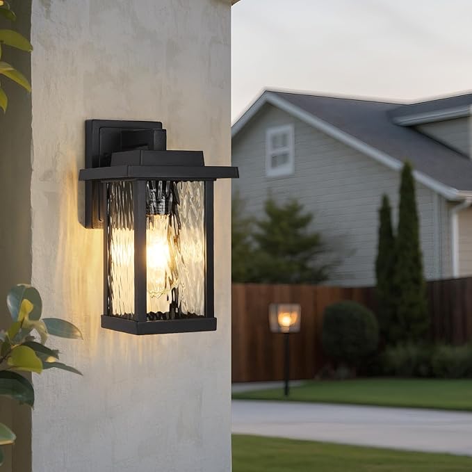 Outdoor Wall Sconce Outside Porch Light Fixtures Wall Mount Anti-Rust Exterior Wall Lights in Wood Grain Finish &amp Black Finish with Water Ripple Glass for Garage Doorway Entryway