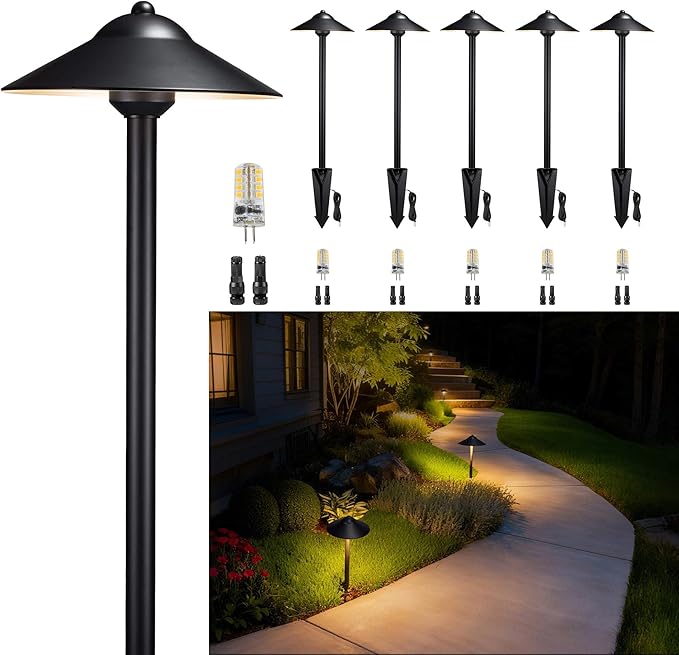 Gardenreet Brass Low Voltage Pathway Lights (9 Shade 23.5 Tall) - Black 12V Path Light Waterproof Wired Outdoor LED Landscape Area Lighting for Garden Walkway with 3W 270LM 2700K G4 Bulb (6 Pack)