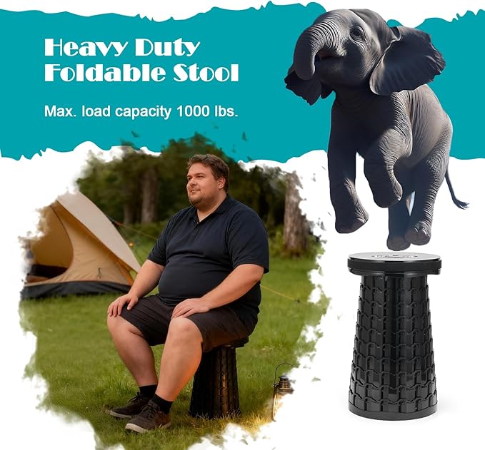Upgraded Collapsible Stool with Cushion 1000 lbs Capacity &amp 19.7-in High Wider &amp Taller Heavy Duty Portable Telescoping Foldable Seat for Adults Camping Travel Music Festivals Outdoors