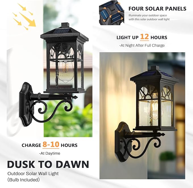 zeyu 15.8 Inch Solar Exterior Lighting Fixture Exterior Wall Light Fixture with Remote Die-Cast Aluminum with Seeded Glass Shade Black Finish ZYX112B SL BK