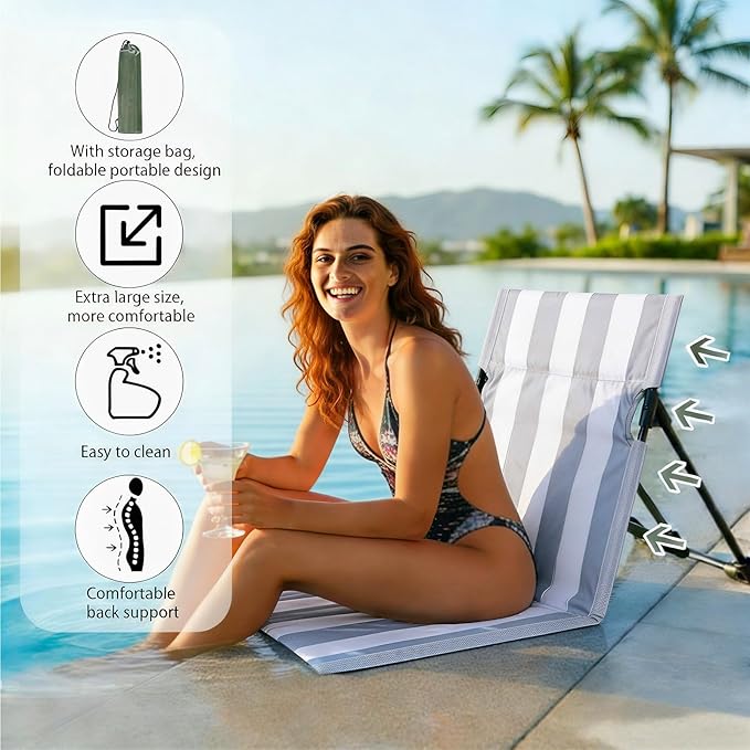 Stripes Foldable Pool ChairsUltra-Light Portable Beach Chair with Carry Bag for Sunbathing Swimming Poolside Picnic Lawn Road Hiking Trips (2 Grey and White)