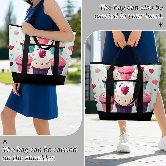Insulated Shopping BagLarge Reusable Cooler Bags Cupcake Candy Hearts Sweet Printed Foldable Shopping BagTravel Waterproof Shoulder Bag