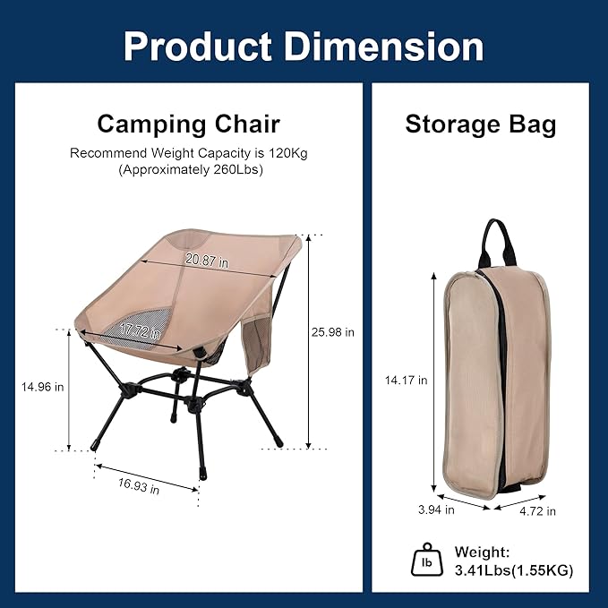 Camping Chair Portable Lightweight Camping Chairs for Adults Foldable 600D Oxford Ultralight Backpacking Chair with Breathable Mesh and Pocket for Outdoor Travel HikingBeige