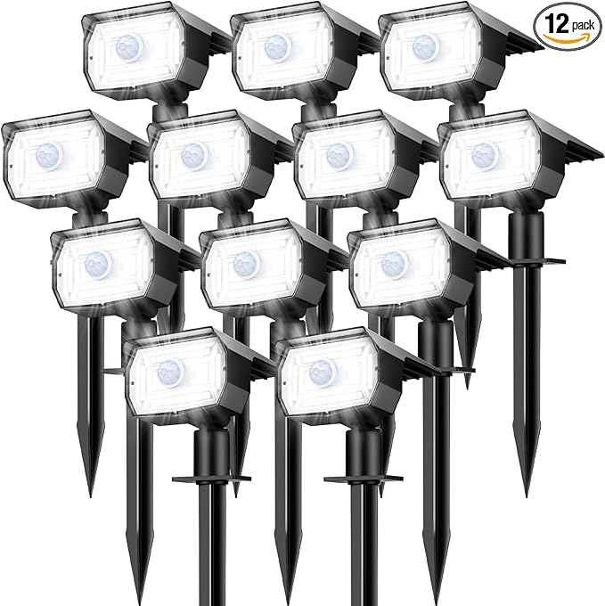 nipify Solar Spot Lights Outdoor Motion Sensor with 3 Modes [ 12 Pack/56 LED ] Solar Spotlights Outdoor Waterproof 2-in-1 Auto On/Off Landscape Lighting for Outside Yard Wall Garden PathCool White