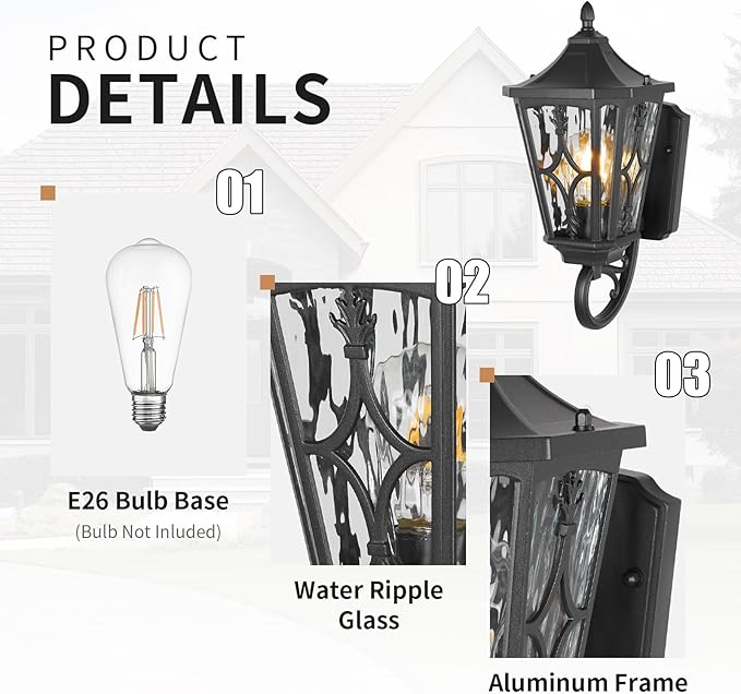 14 Outdoor Wall Light FixturesExterior Waterproof Wall Lantern Porch Sconces Lighting with E26 Socket &amp Water Ripple Glass ShadesMatte Black Outside Wall Lantern Light for House Front Door Gar