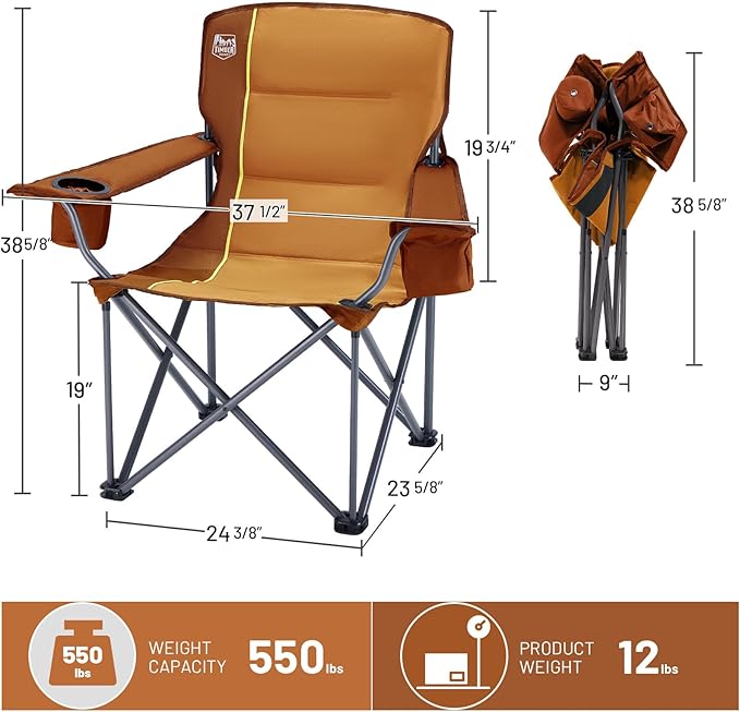 TIMBER RIDGE Oversized Folding Camping Chair for Adults Support 550 LBS Heavy Duty with Cup Holder Side Pocket for Camp Lawn Picnic Orange 2 Pack