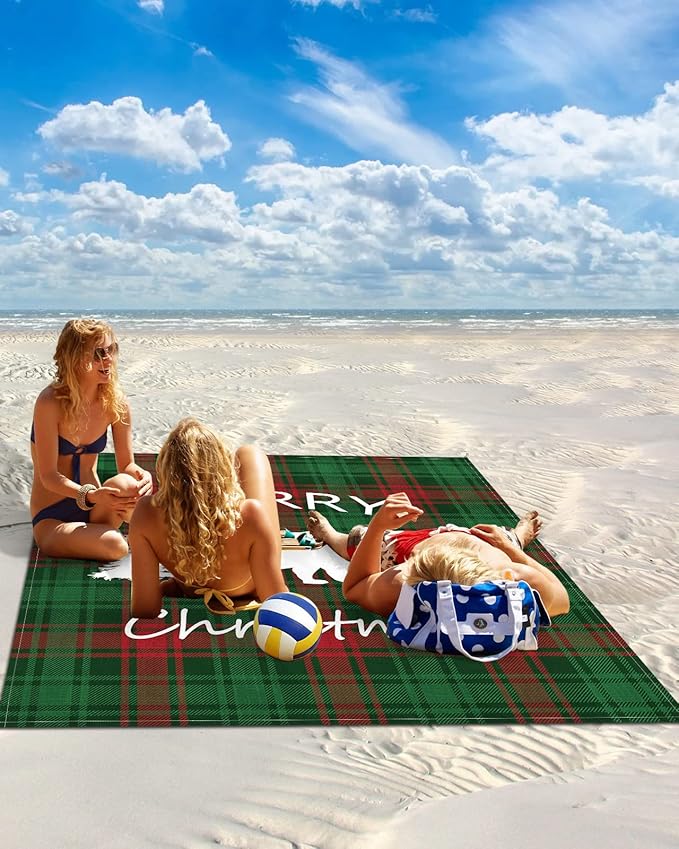 Beach Blanket Waterproof Sandproof Christmas Animal Polar Bear Tree White Shadow Quick Drying Beach Mat with 4 Stakes Green Red Buffalo Gingham Lightweight Picnic Blanket for Travel Camping 83x79
