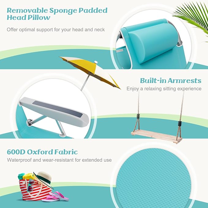Tangkula Set of 4 Backpack Beach Chair 5-Position Lightweight Folding Lay Flat Beach Chairs with Storage Bag 2 Cup Holders Towel Bar Backpack Straps