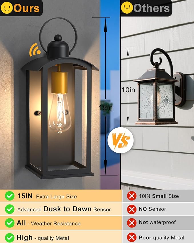 Dusk to Dawn Outdoor Wall Light Fixtures 15inch Waterproof Patio Lanterns Exterior Wall Mount Lantern Sconce with Glass Black Wall Sconces for House Garage Front Door