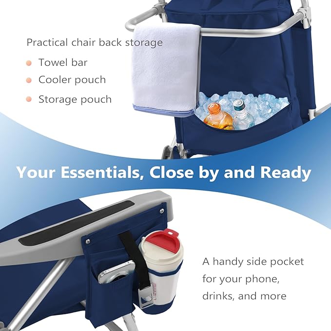 5-Position Aluminum Lay Flat Backpack Beach Chair 2 Pack Compact Portable Low Beach Chairs for Adults Beach Chair with Cooler Pouch Storage Pouch Towel Bar Cup Holder Navy