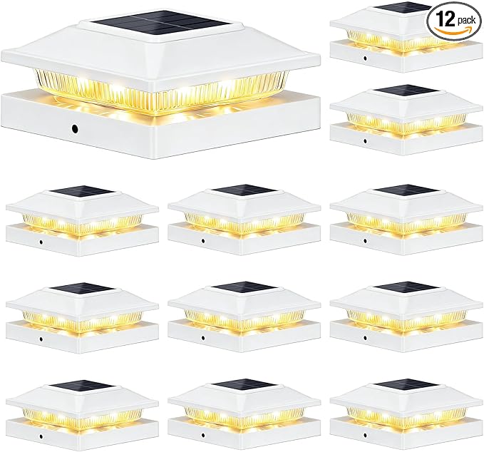 Brightever 4x4 Solar Post Cap Lights Outdoor 12-Pack Solar Fence Post Lights Fit Vinyl/Wood Posts 2 Modes(Warm/Cool White) Solar Powered Waterproof Deck Post Lights for Garden Patio Porch White