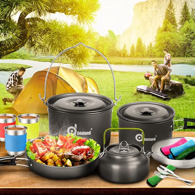 Odoland 39pcs Camping Cookware Mess Kit Non-Stick Large Size Hanging Pot Pan Kettle with Base Dinner Cutlery Sets for 6 and More Cups Dishes Forks Spoons Kit for Outdoor Camping Hiking Picnic
