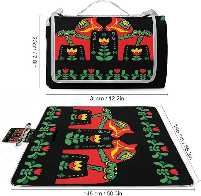 Floral Swedish Dala Horses Waterproof Outdoor Picnic Blanket Sandproof Beach Mat for Camping Hiking Grass Travelling